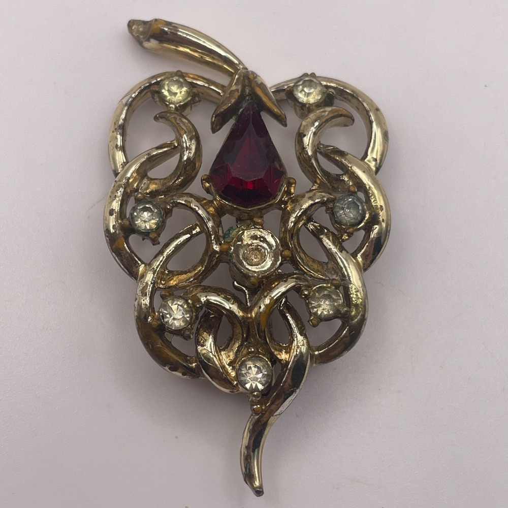 Vintage Gold Tone Red Pear Rhinestone Openwork Shield Filigree Statement Brooch